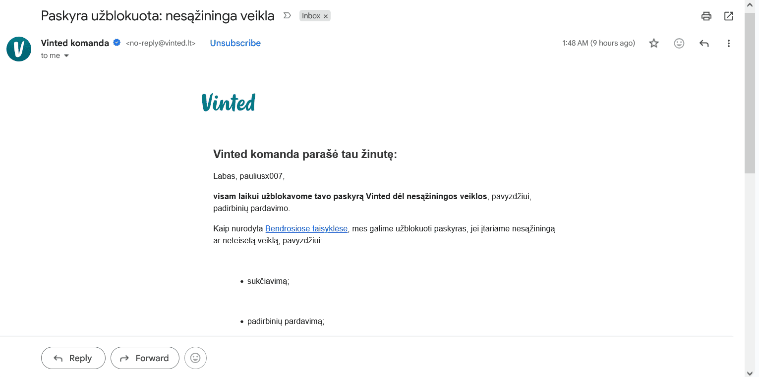 Vinted.lt – paskyros blokavimas