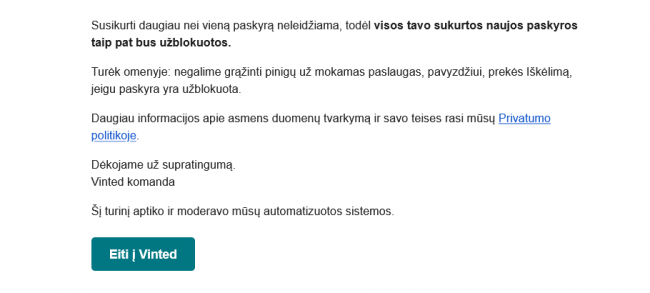 Vinted el. laiškas apie užblokuotą paskyrą